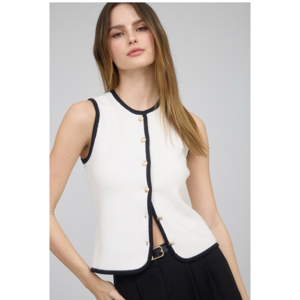 634 • Ecru Button Up Vest Top with Black Trim & Gold Buttons